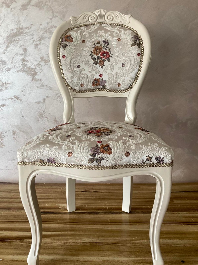 Vintage accent French chair.White boudoir chair.Lovely dining chair.Brocade Damask Jacquard Embossed fabric. image 1