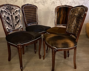 SOLD OUT! Ask for custom made.Four cowhide dining chairs.Exclusive French style leather chairs.Mix&match stylish chairs.