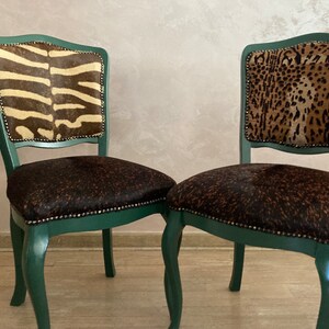 SOLD! Ask for custom made.Set of green cowhide vintage chairs. Mix & Match chairs. Eclectic leather chairs.