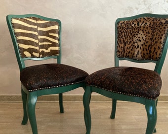 Set of green cowhide vintage chairs. Mix & Match chairs. Eclectic leather chairs.