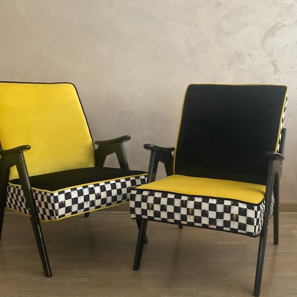 Pair of mid century modern chairs. Lounge chairs.Checkered living room armchairs.