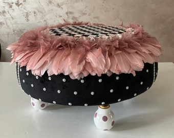 Handmade Feathered Pouf: Black & White Checkered Ottoman