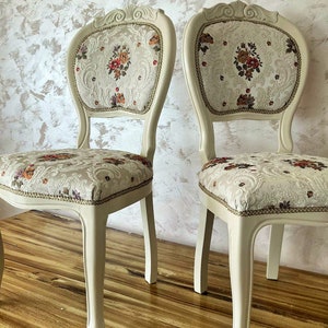 Vintage accent French chair.White boudoir chair.Lovely dining chair.Brocade Damask Jacquard Embossed fabric. image 2