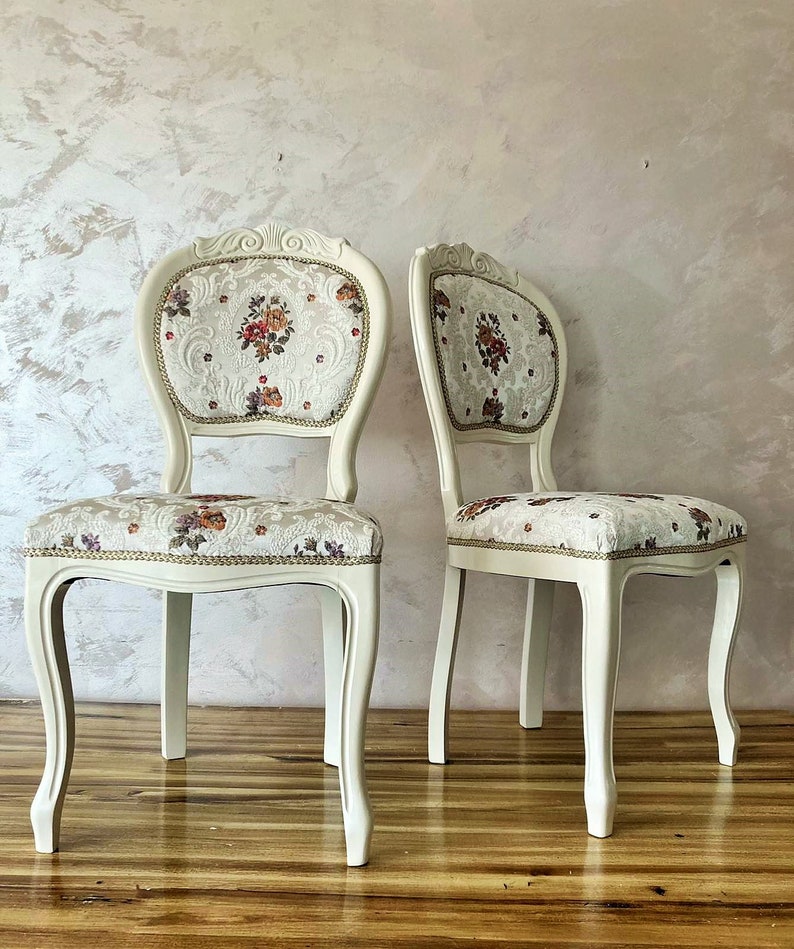 Vintage accent French chair.White boudoir chair.Lovely dining chair.Brocade Damask Jacquard Embossed fabric. image 8
