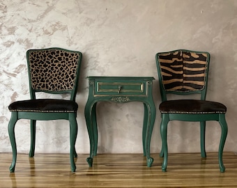 Sold out! Ask for custom made.Pair of vintage green cowhide chairs. Beautiful accent chairs.Mix and match furniture.