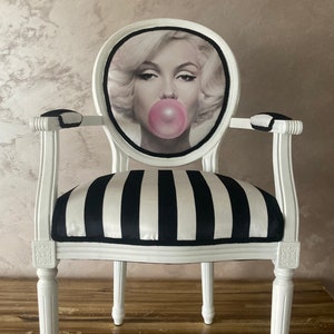 Vintage Marilyn  French  arm chair .Louis XVI style white settee. Stylish side chair.Upholstered funky chair.