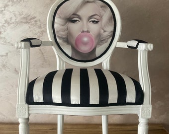 Vintage Marilyn  French  arm chair .Louis XVI style white settee. Stylish side chair.Upholstered funky chair.