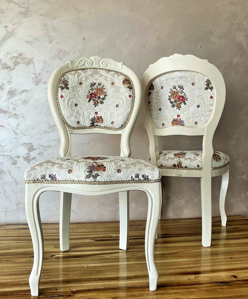 Vintage accent French chair.White boudoir chair.Lovely dining chair.Brocade Damask Jacquard Embossed fabric. image 4