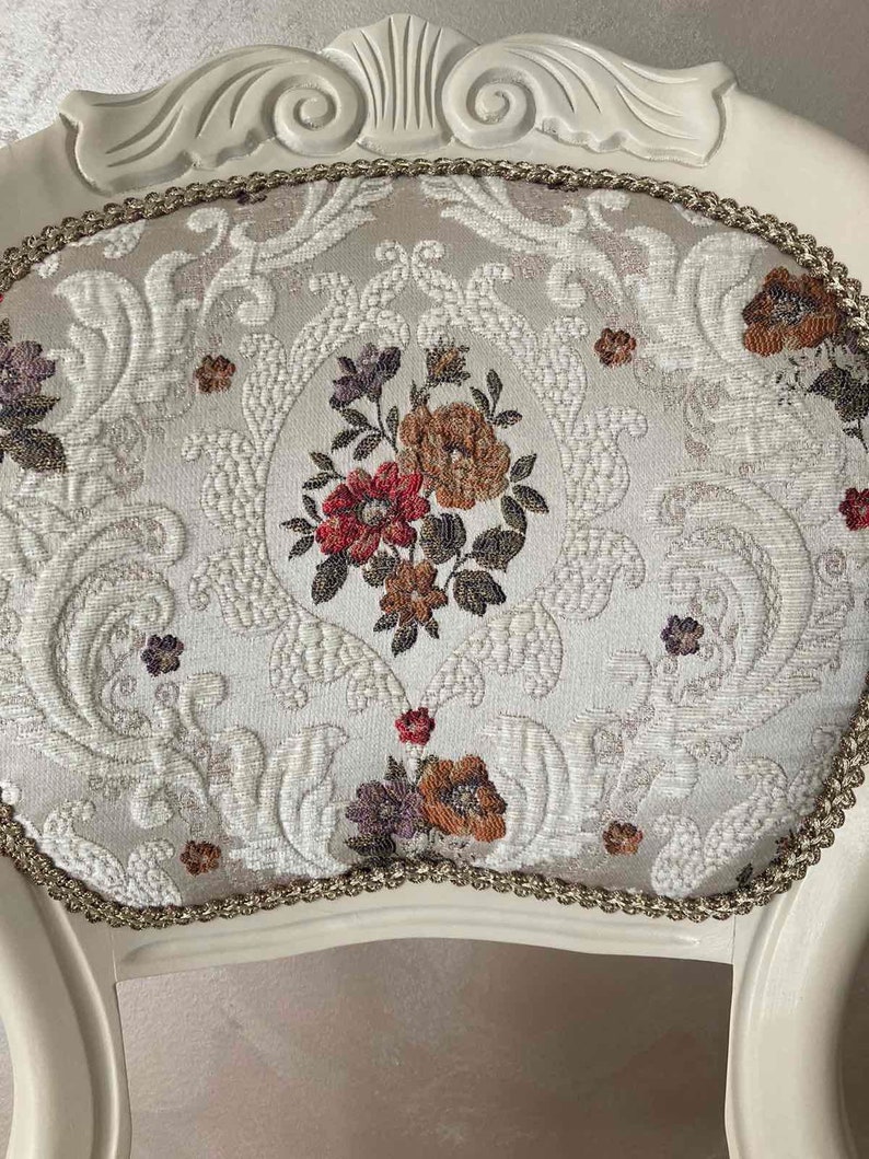 Vintage accent French chair.White boudoir chair.Lovely dining chair.Brocade Damask Jacquard Embossed fabric. image 7