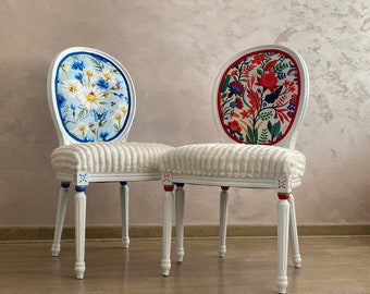 Pair of floral vintage accent chairs. White French chairs.