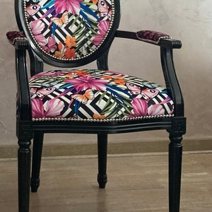 Vintage Louis XVI style French chair. Floral accent chair. Colorful side chair.Hot pink cowhide chair.