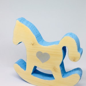 rocking horse pink or light blue in natural fir wood thickness 18 mm baptism favors