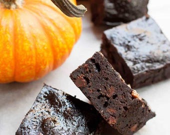 Fudgy Pumpkin Brownies | Dark Chocolate Sea Salt Postal Treats (Gluten Free, Dairy Free)