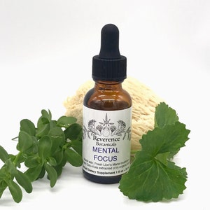 Op de afbeelding: Een bruine glazen fles met een zwarte druppelaar en een wit etiket met de tekst "Reverence Botanicals Mental Focus Made with Fresh Lion's Mane mushroom and Gotu Kola extracted in organic coconut oil Herbal Dietary Supplement 1 fl oz - 30 ml".