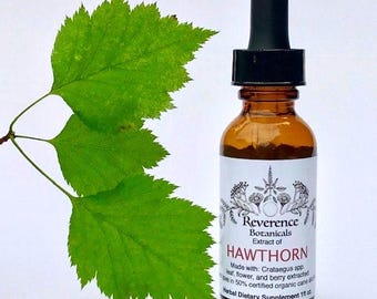 Könnte beinhalten: Eine braune Glastropfflasche mit Weißdornextrakt, beschriftet mit Reverence Botanicals, mit schwarzem Tropfverschluss. Das Etikett listet Inhaltsstoffe wie Crataegus spp. Blatt, Blüte und Beere in 30 ml auf. Ein hellgrünes Weißdornblatt liegt daneben.