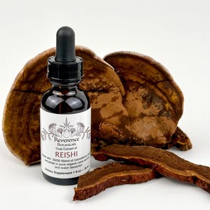 May include: A dark amber glass dropper bottle with a black cap and a white label reading Reverence Botanicals Dual Extract of REISHI, 1 fl oz, positioned in front of two large, woody, brown, fan-shaped reishi mushroom slices.