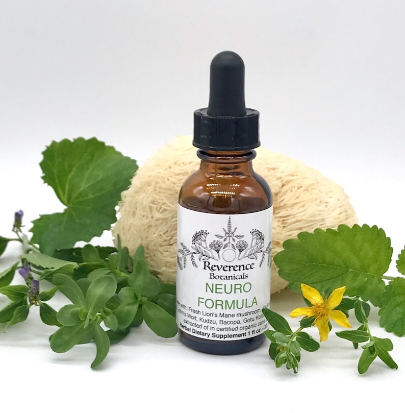 May include: A brown glass bottle with a black dropper top and a white label that reads "Reverence Botanicals Neuro Formula" with a list of ingredients including Fresh Lion's Mane mushroom, Gotu Kola, and Kudzu. The bottle is sitting on a white surface with green plants and a white sponge-like object.