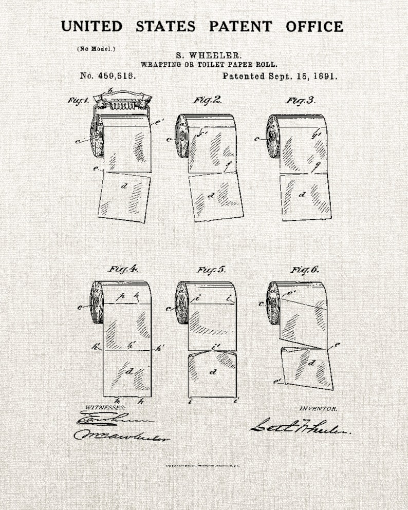 1891 Toilet Paper Roll Printable Patent Print Instant Download Etsy