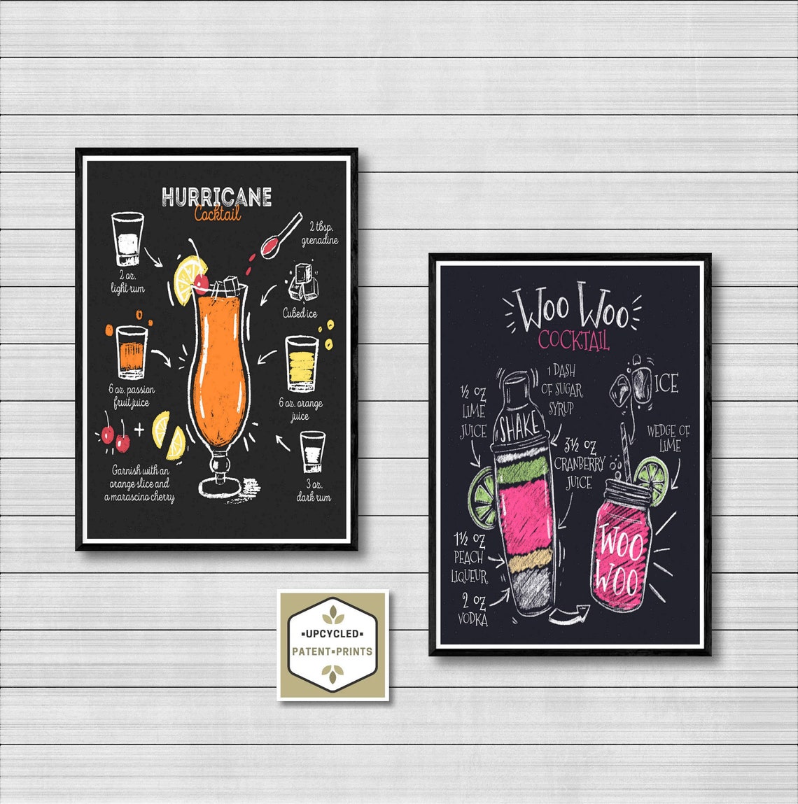 Chalkboard Cocktail Recipes Print Set of 2 Kitchen Prints Bar | Etsy