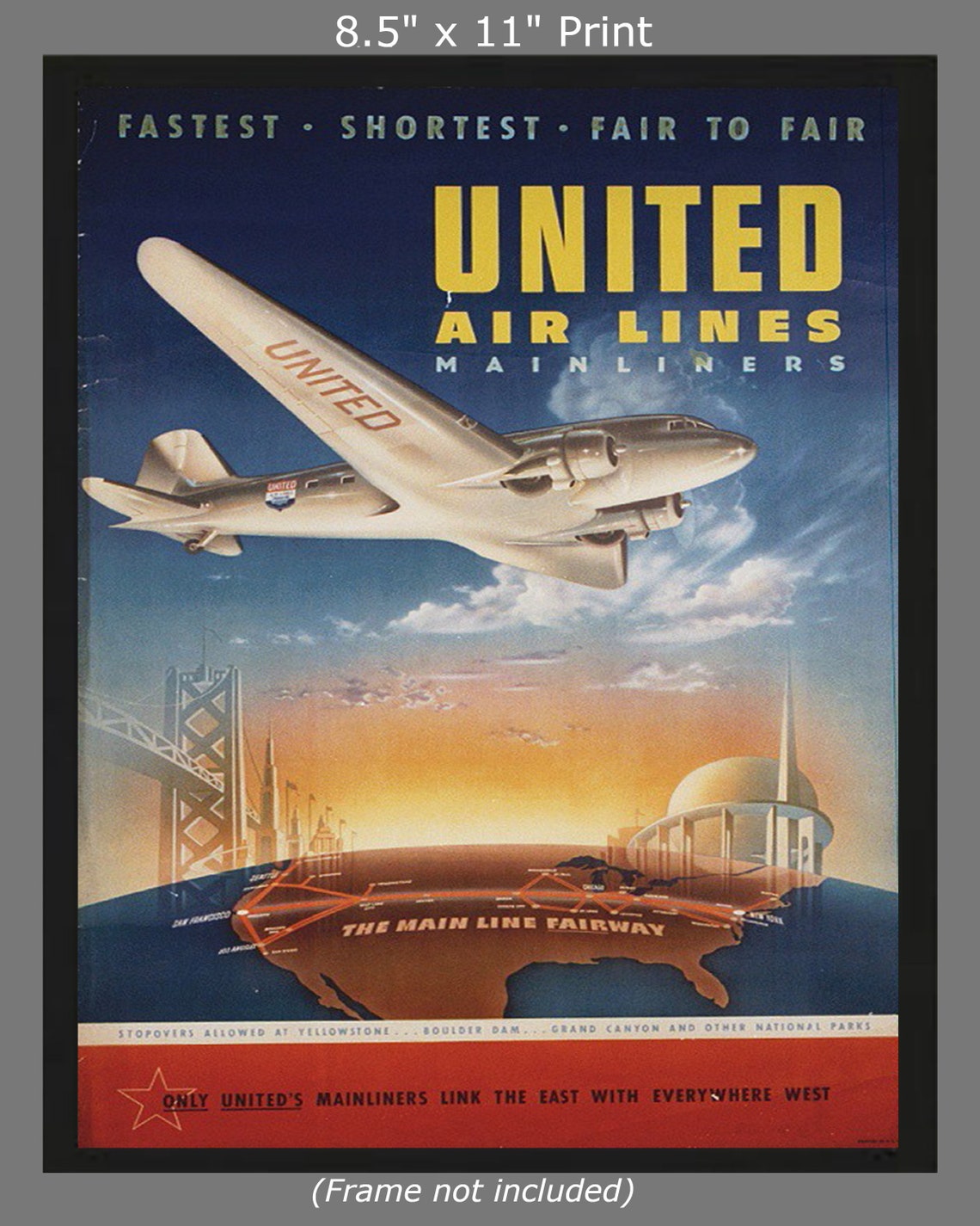 Vintage United Airlines c1940 Digital Tourism Travel Poster Etsy