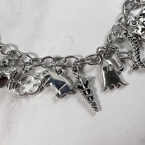 May include: A silver charm bracelet featuring a variety of charms, including a pig, a cloud, a ghost, a musical note, a snake, and a bear.