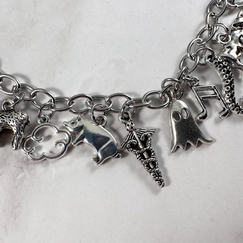 May include: A silver charm bracelet featuring a variety of charms, including a pig, a cloud, a ghost, a musical note, a snake, and a bear.