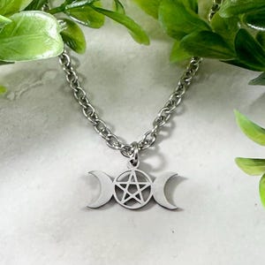 Triple Moon Necklace with Pentacle - Stainless Steel