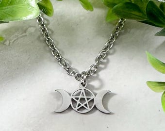 Triple Moon Necklace with Pentacle - Stainless Steel