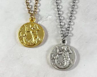 Triton Coin Necklace: Gold or Silver Plated Greek Mythology Pendant
