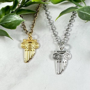 Grecian Column Necklace - Silver or Gold Plated, Ancient Greece Themed Jewelry, Greek Temple