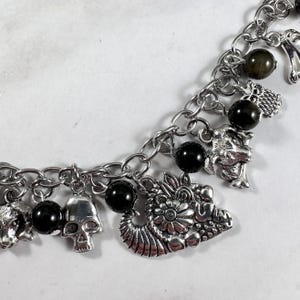 May include: A silver-toned charm bracelet featuring various charms, including a skull, a dragon, and other animal figures. The bracelet also has black beads and a chain link design. The charms are detailed and the bracelet is on a white surface.