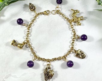 Dionysus Charm Bracelet: Gold Tone Greek Mythology Jewelry, God of Wine