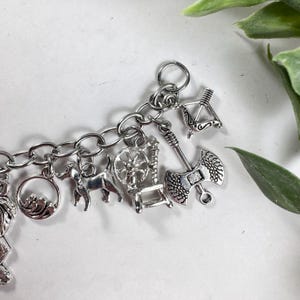May include: A silver charm bracelet featuring a variety of charms, including a dog, a spinning wheel, an axe, and an arrow. The charms are attached to a silver chain.