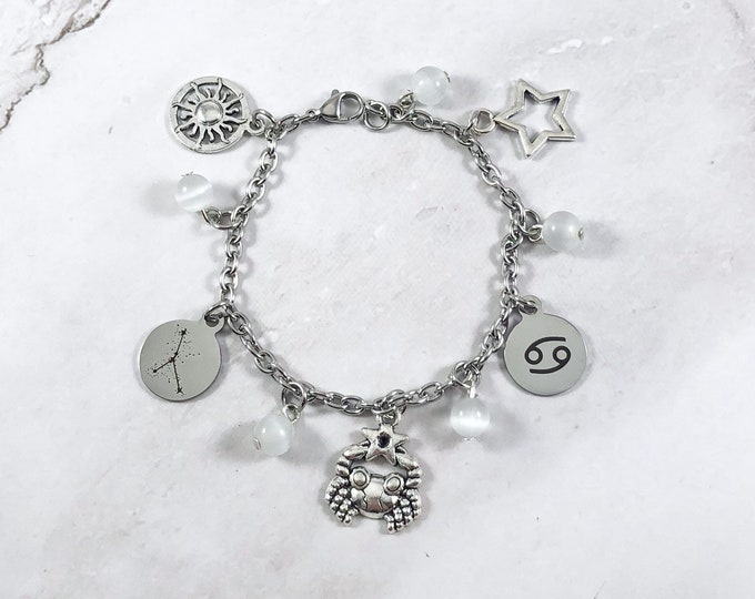 Cancer Charm Bracelet, Zodiac Jewelry, Astrology, Sun Sign, Gift for Cancer