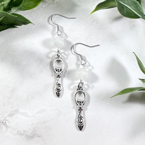 Goddess Earrings with Moonstone - Witchy Jewelry, Spiral Goddess