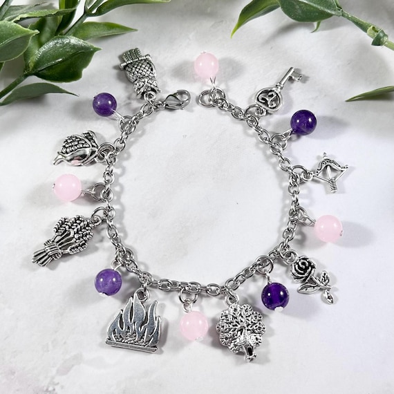 Greek Goddesses Charm Bracelet: Mythology Jewelry with Amethyst & Rose Quartz