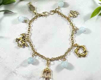 Poseidon Charm Bracelet - Gold Tone, Greek Mythology Jewelry, God of the Sea