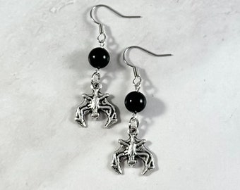 Bat Earrings with Black Onyx, Halloween Earrings