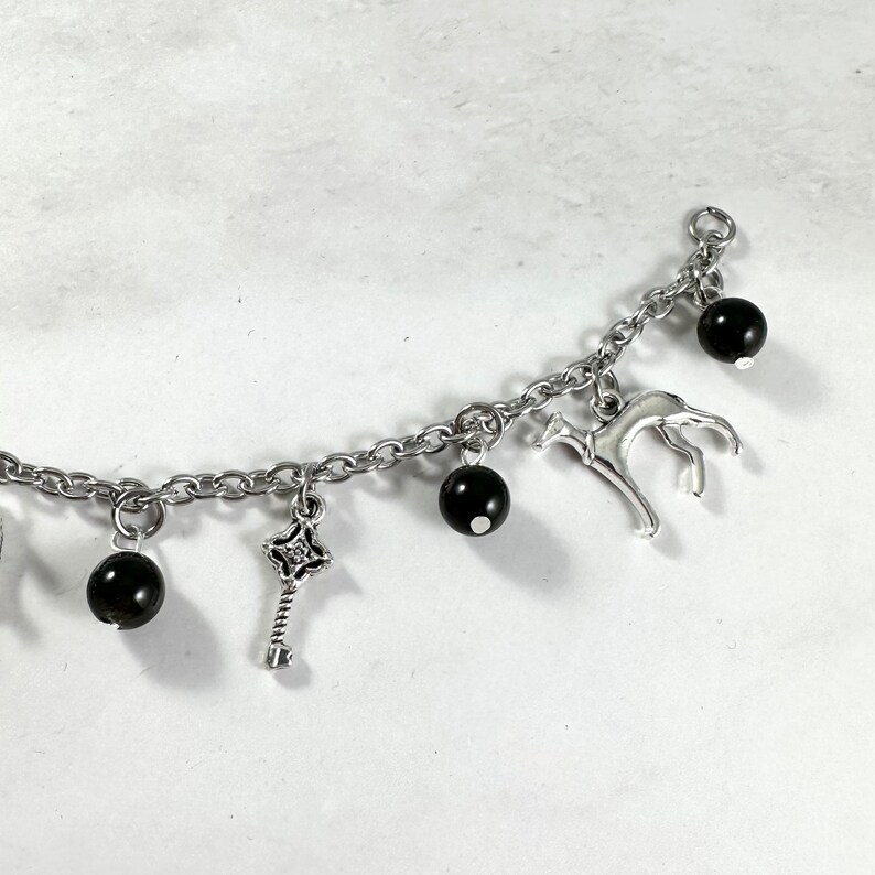 May include: A silver charm bracelet with black beads and silver charms, including a key, a dog, and a flower.