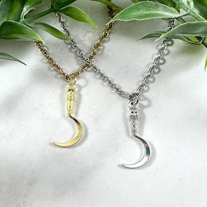 Puede incluir: Dos collares con colgantes de media luna. Uno tiene una cadena y un colgante dorados, el otro una cadena y un colgante plateados. Los colgantes tienen un diseño de mango detallado. Hay follaje verde en el fondo.