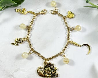 Demeter Charm Bracelet - Gold Tone Version, Greek Goddess of the Harvest, Greek Mythology Jewelry