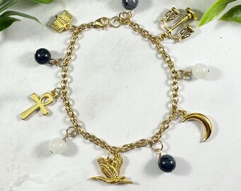 Thoth Charm Bracelet - Gold Tone Version, Djehuty, Egyptian God, Egyptian Mythology Jewelry, Kemetism