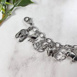May include: A silver charm bracelet featuring a selection of charms, including a helmet, a lotus flower, a small animal, and a cloud.