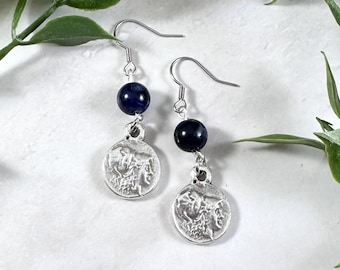 Athena Coin Earrings with Sodalite Gemstone: Greek Mythology Jewelry