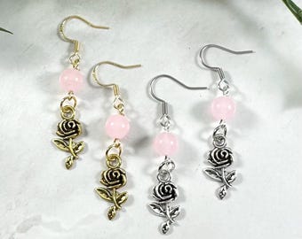 Aphrodite Rose Earrings with Rose Quartz, Greek Goddess of Love and Beauty