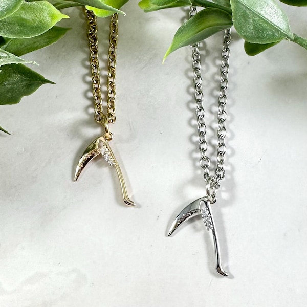 Scythe Necklace in Silver or Gold Tone, Thanatos, Grim Reaper