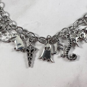 May include: A silver charm bracelet featuring a range of charms, including a pig, a ghost, a musical note, a seahorse, and a medical symbol.