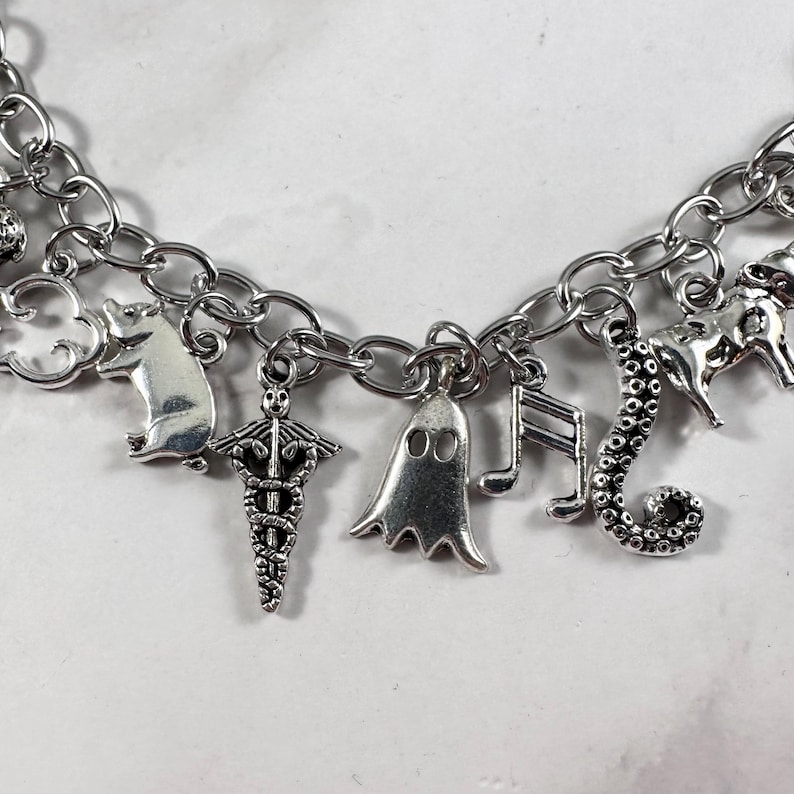 May include: A silver charm bracelet featuring a range of charms, including a pig, a ghost, a musical note, a seahorse, and a medical symbol.