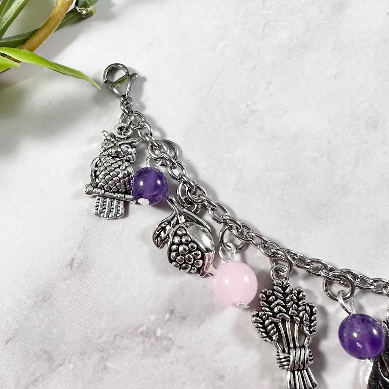May include: A silver charm bracelet with purple and pink beads, an owl charm, a grape charm, a wheat charm, and a silver chain.