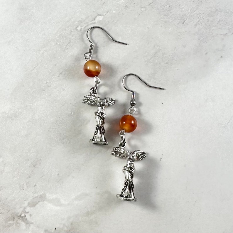 Nike Statue Earrings Silver Tone, Greek Goddess of Victory, Nike of
